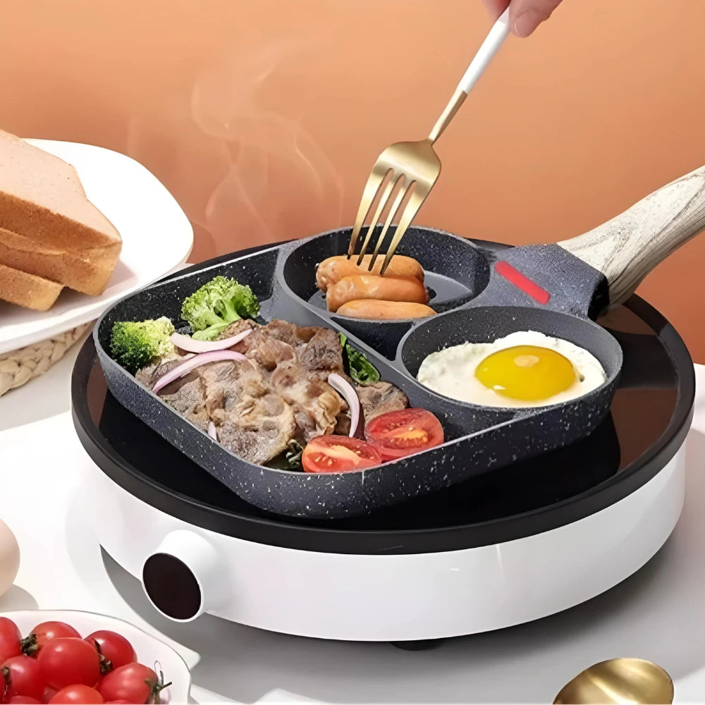 Non-stick frying pan with 3 compartments