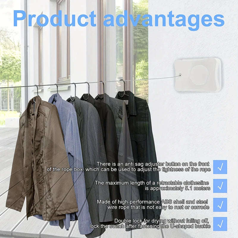 304Stainless Steel Clothesline, 5.1 Meters Retractable Laundry Rope Indoor Invisible Drying Rope Towel Quilt Clothes Drying Line