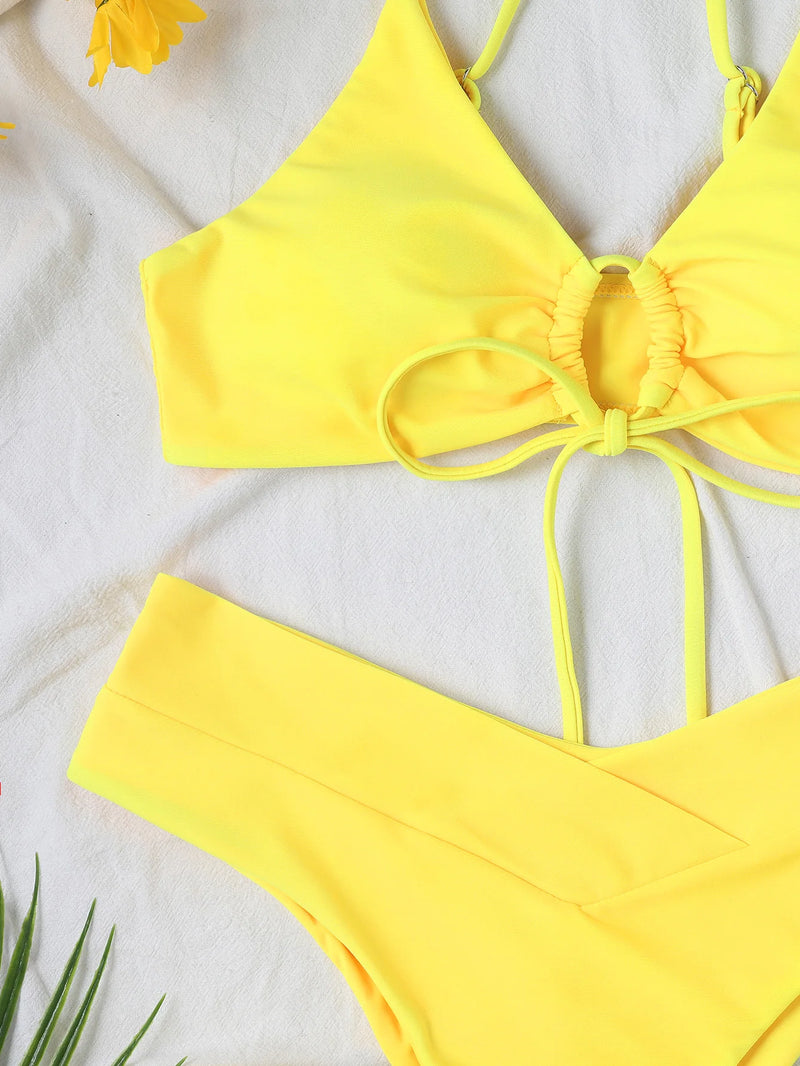 New High Elastic Bikini Set for 2025 Summer Two Pieces Solid Color Lace-up Sexy Women Swimsuit Beach Bathing Suit Swimwear